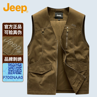 JEEP吉普纯棉中年马甲男士春秋季新款户外休闲工装多口袋背心外套