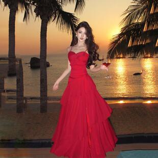 夏日绝美小裙子覆古红色度假风吊带长裙晚礼服收腰荷叶边洋装女