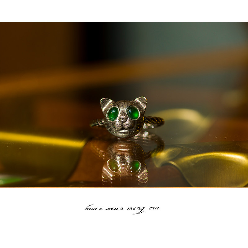 {小黑猫}18k金镶嵌冰种翡翠戒指麻花戒圈黑金精制独特个性女款a货