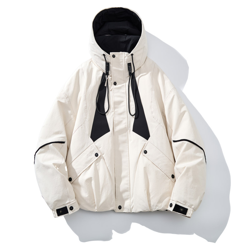 户外休闲工装风连帽短款羽绒服男宽松拼接90白鸭绒保暖外套冬季