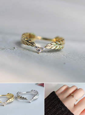 超精致羽毛v型戒指925橄榄叶子女