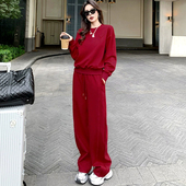 休闲两件套 2026新款 女春季 高级感慵懒风酒红卫衣卫裤 欧货运动套装