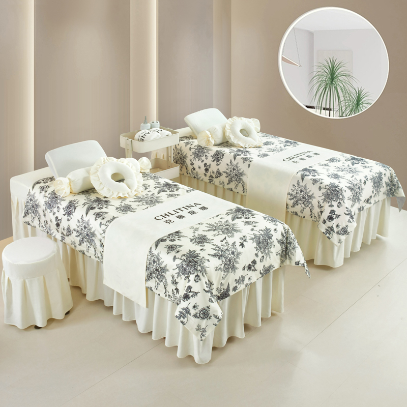 美容床罩四件套轻奢高级感奶油风美容院专用新款按摩床单四季通用