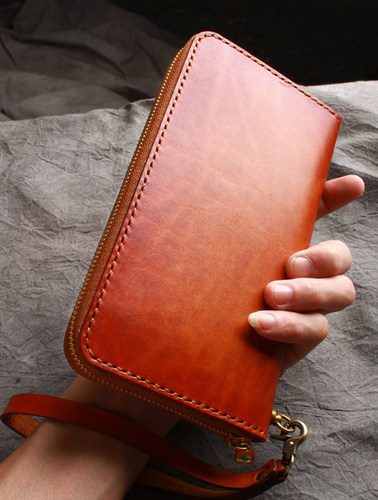 手工定制皮具 植鞣革 头层牛皮 真皮拉链长款钱包 手拿包