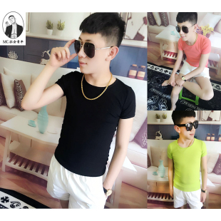 快手红人温柔伟同款 T恤男纯棉修身 圆领短袖 精神社会小伙纯色短袖