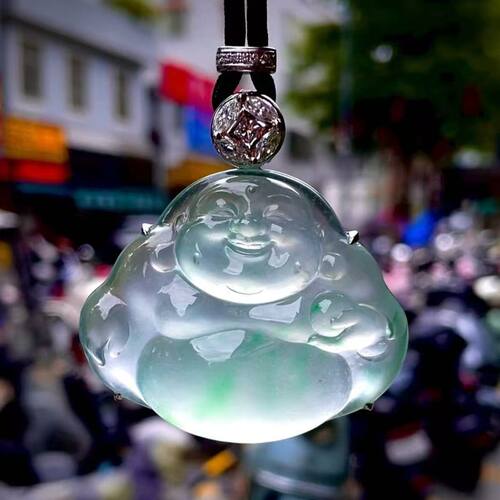 传其翠宝天然缅甸翡翠A货老坑高冰玻璃底飘绿大佛公18K金钻镶嵌