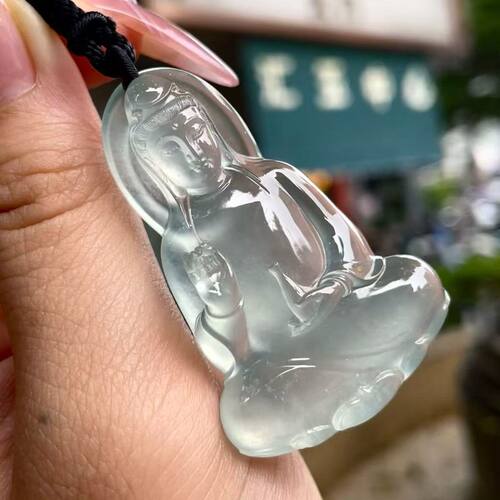 传其翠宝天然缅甸翡翠A货老坑高冰玻璃底素衣观音厚装雕工精湛