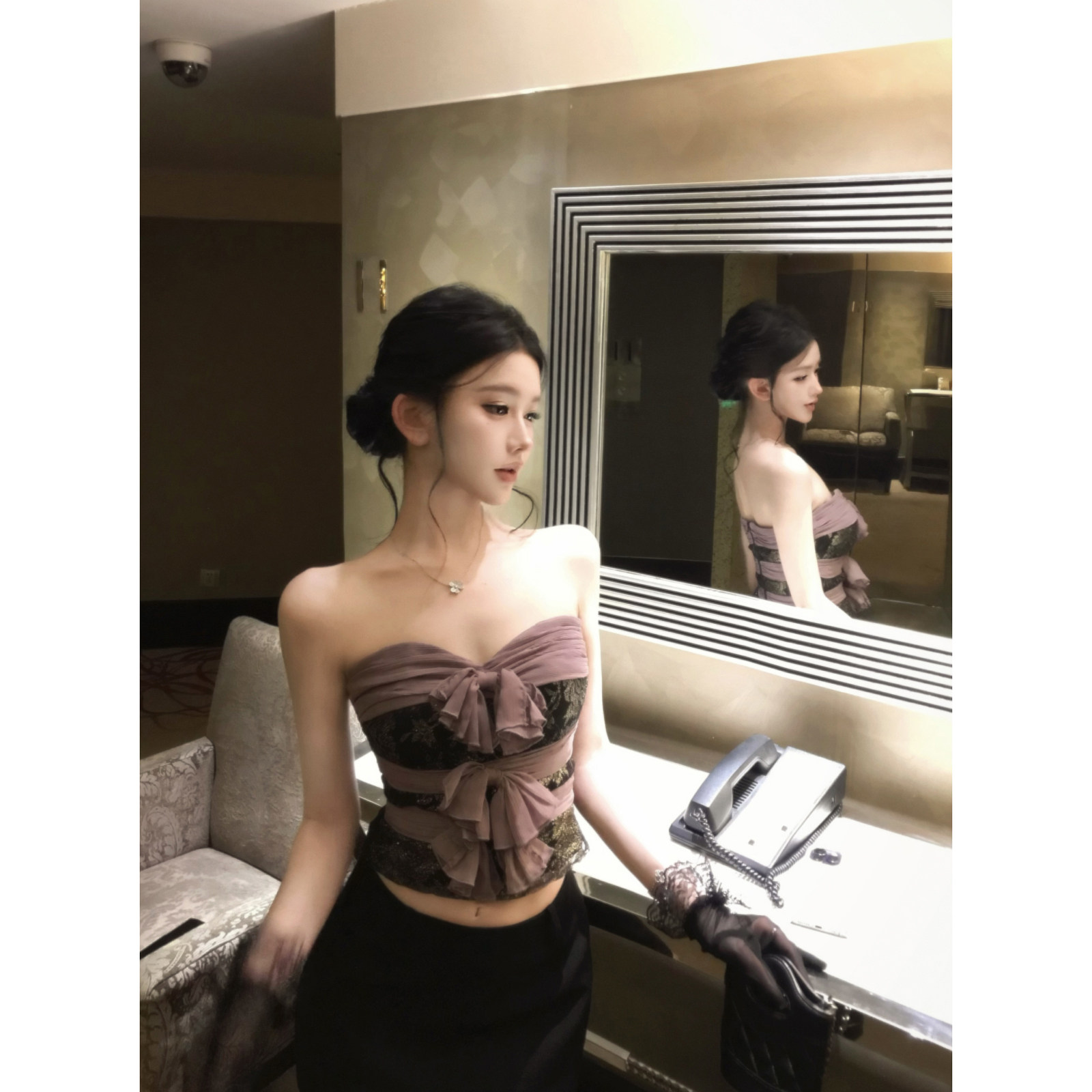 JAYKY YANG【古董情书】紫金色中古蕾丝抹胸女蝴蝶结拼接修身上衣