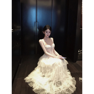 JAYKY YANG【华尔兹】重工蕾丝微透白色吊带立体花边蛋糕裙两件套