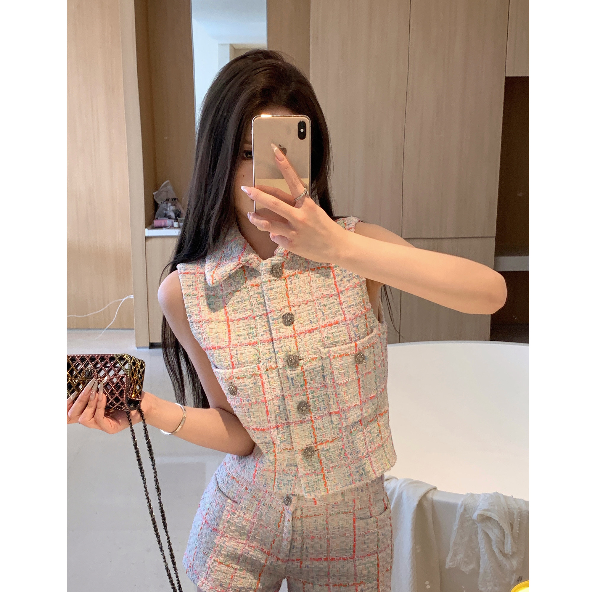6折清仓特惠【普罗奇达夏日】小香风彩色粗花呢格纹马甲短裤套装
