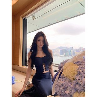 JAYKY YANG 日落波吉亚 镂空短款吊带背心包臀鱼尾针织半身裙套装
