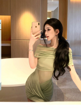 JAYKY YANG【莎莉花园】网纱斜肩褶皱收腰连衣裙高弹设计感包臀裙