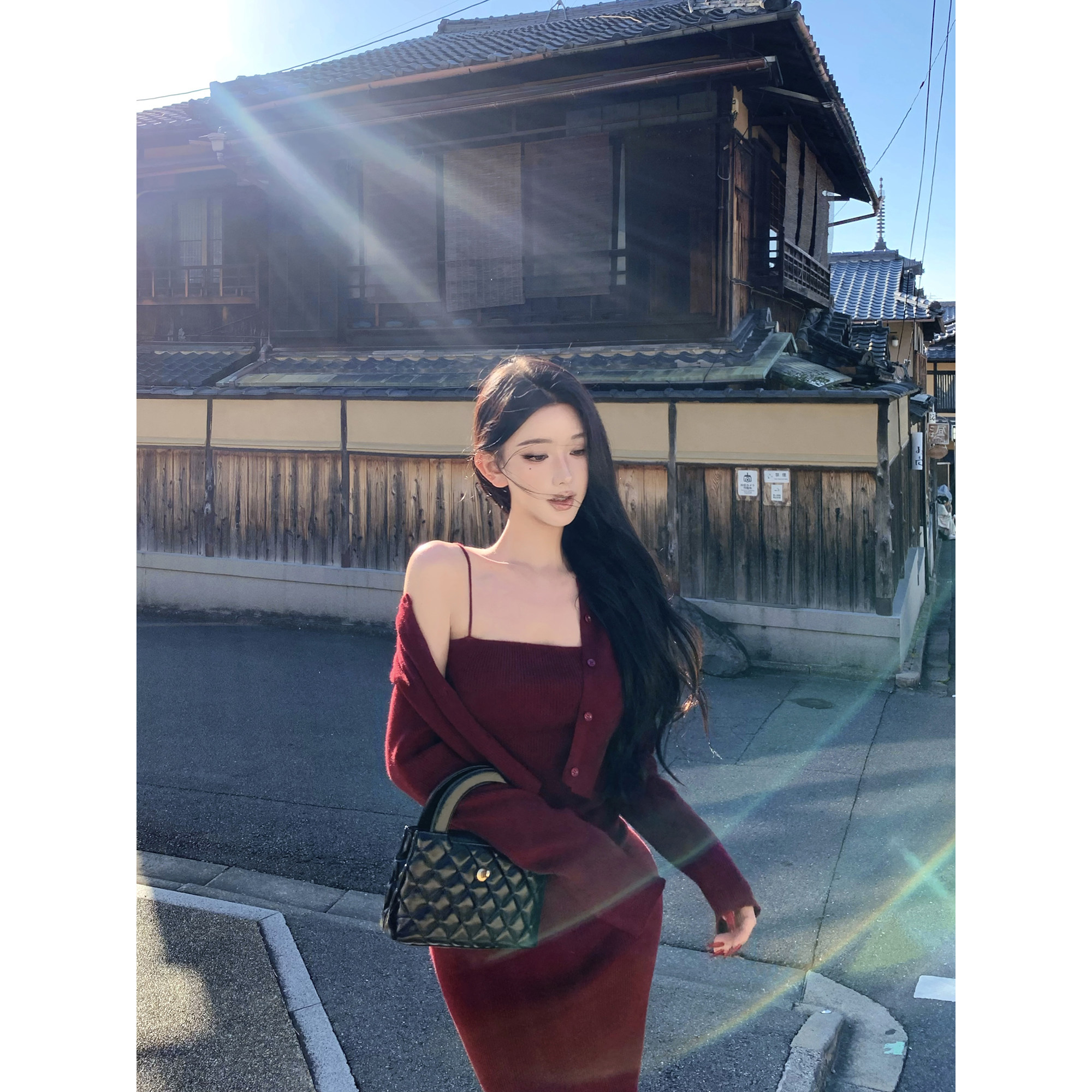 JAYKY YANG【红昭美人】短款圆领针织开衫收腰修身包臀吊带裙套装