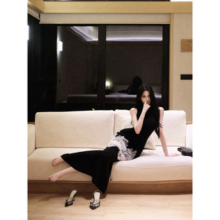 JAYKY YANG【弗蕾尔】蕾丝镂空黑色无袖鱼尾裙修身显瘦长款针织裙