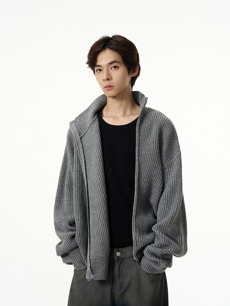 WEILANG의 상점 미국 복고풍 틈새 대각선 지퍼 스웨터 재킷 남성 게으른 고급 카디건 스웨터 커플