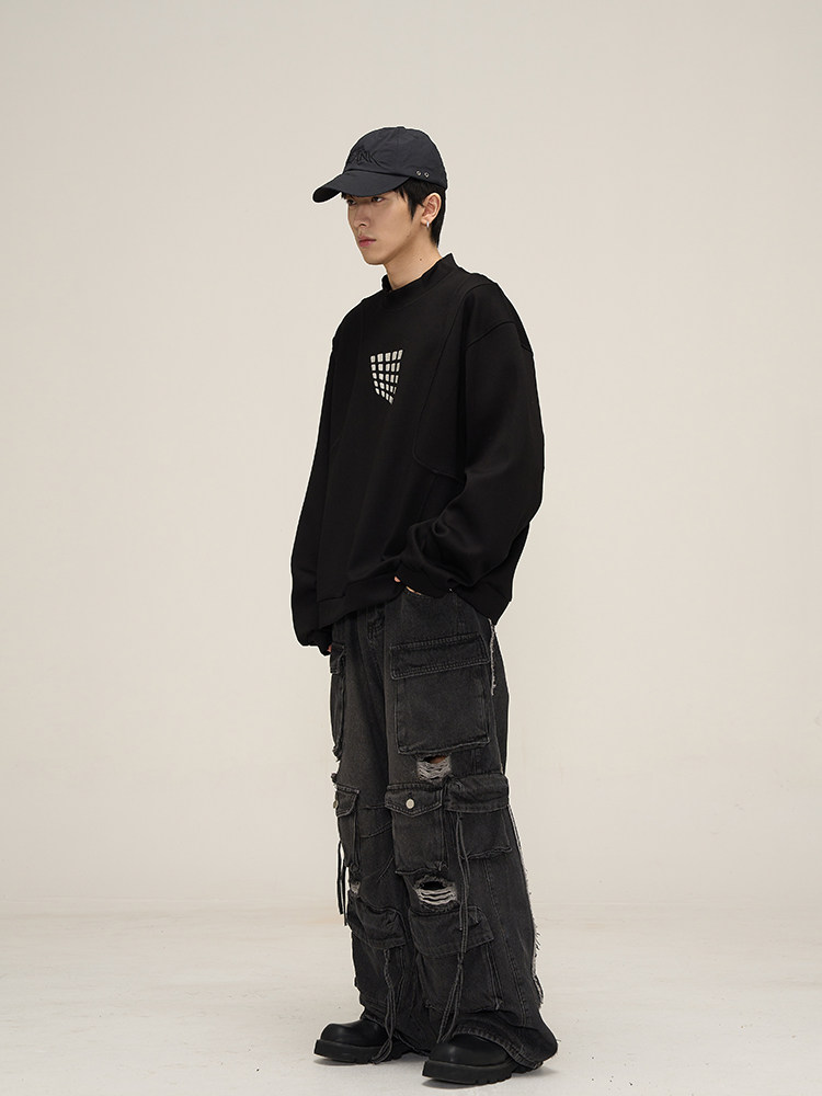 WEILANG 매장은 멋진 디자인과 스타일리시한 패치워크 라운드 넥 탑이 돋보이는 커플용 트렌디한 틈새 자수 에어 레이어 스웨트셔츠입니다