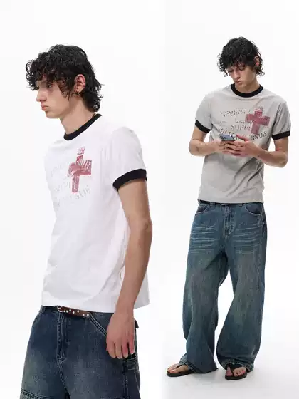 Tailang's Shop American Retro Cross Print Slim Fit Regular Shoulder Short Sleeve T-Shirt for Men and Women Street Style Couple Trendy Top