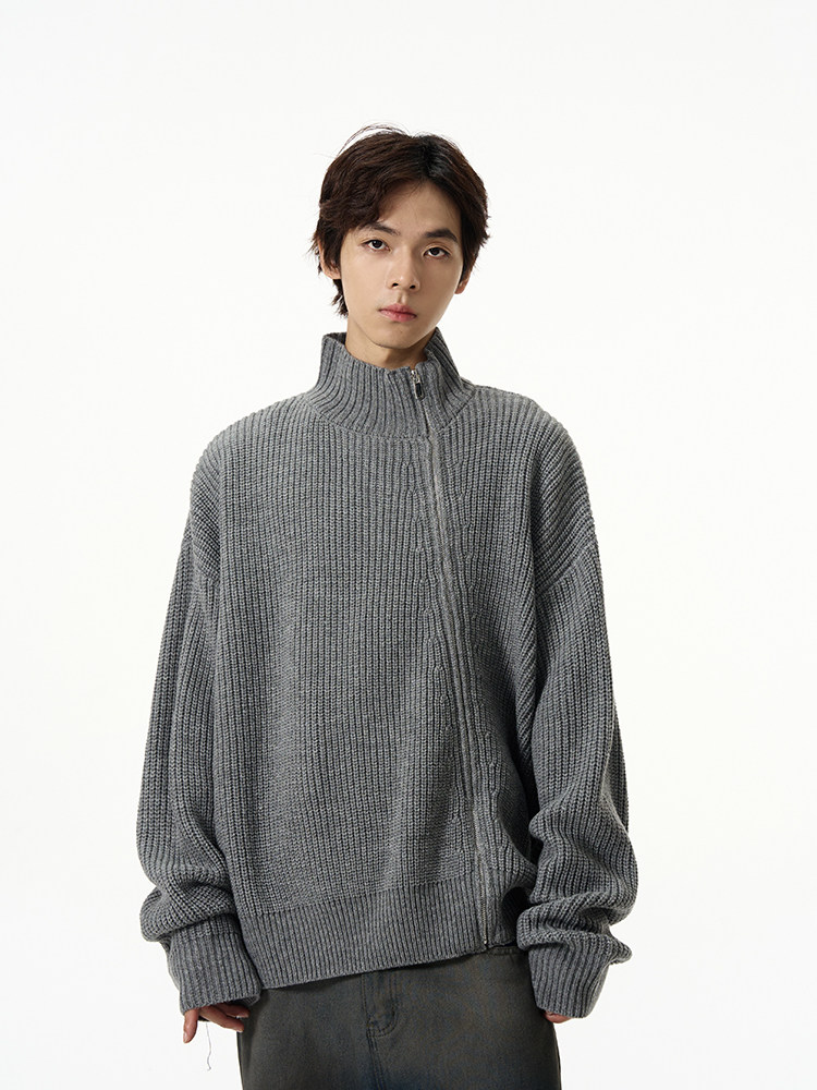 WEILANG의 상점 미국 복고풍 틈새 대각선 지퍼 스웨터 재킷 남성 게으른 고급 카디건 스웨터 커플