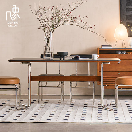 几象复古摩登现代简约岩板长餐桌椅组合家用实木设计师款不锈钢腿