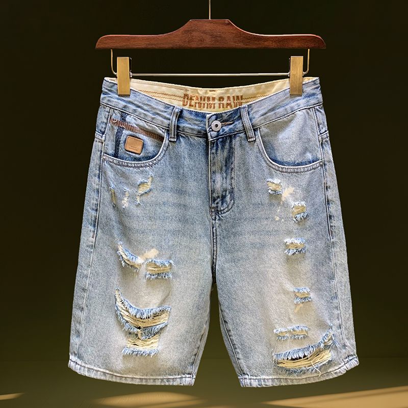 直筒宽松破洞牛仔短裤男夏