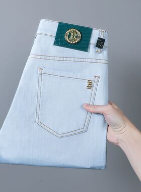 夏季新款浅蓝色男士牛仔裤时尚刺绣弹力修身小直筒裤百搭休闲欧货
