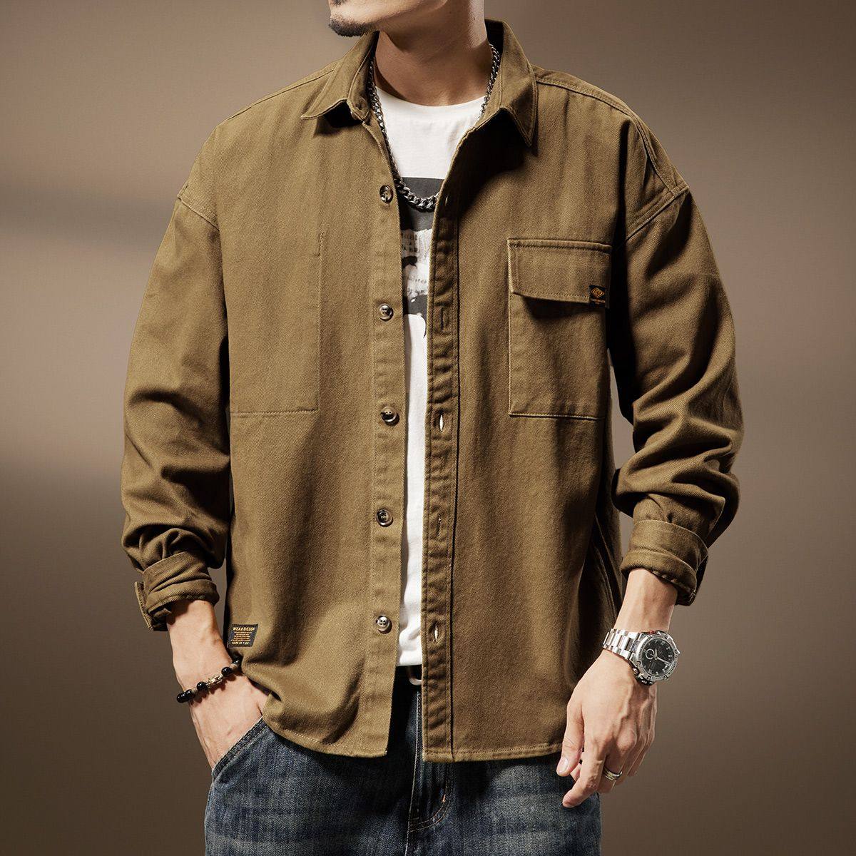 高端日系复古工装长袖衬衫男秋季新款宽松纯棉美式休闲衬衣外套男,男装,衬衫,淘宝优惠券,粉丝福利购,淘宝优惠卷