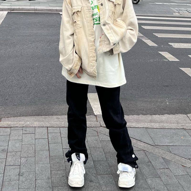 ins高街牛仔裤女秋夏季黑色排扣修身小脚潮牌直筒长裤子hiphop裤