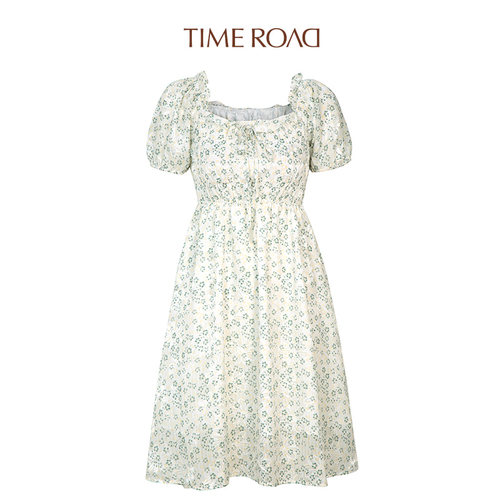 商场同款温柔风绑带碎花方领裙子