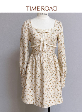 Time RoaD/汤米诺一字领碎花裙蕾丝蝴蝶结印花连衣裙T25333191856