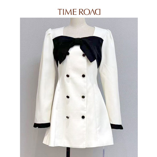 甜美优雅蝴蝶结双排扣西装连衣裙