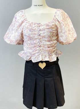 Time RoaD/汤米诺夏季碎花上衣女松紧修身方领衬衫T26231053413