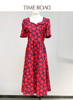 Time RoaD/汤米诺花朵镂空系带短袖长裙高腰连衣裙