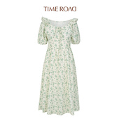 汤米诺法式 Time RoaD 一字肩碎花连衣裙女夏高腰显高显廋温柔裙子