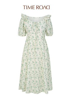 Time RoaD/汤米诺法式一字肩碎花连衣裙女夏高腰显高显廋温柔裙子