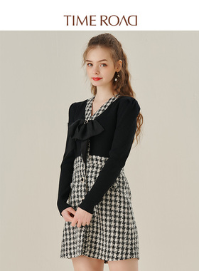 Time RoaD汤米诺V领针织拼接裙子轻奢小香风千鸟格拼接高腰连衣裙