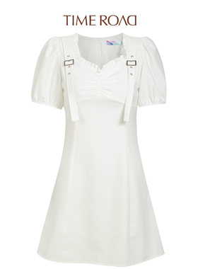 Time RoaD/汤米诺夏季新款泡泡袖白色雪纺连衣裙女简约v领a字裙