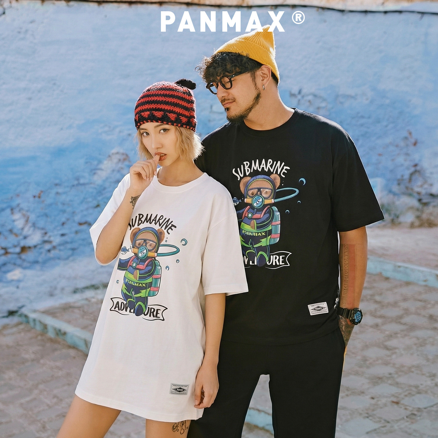 PANMAX潮牌男装夏短袖T恤卡通潜水泰迪熊联名印花T恤纯棉可爱风格