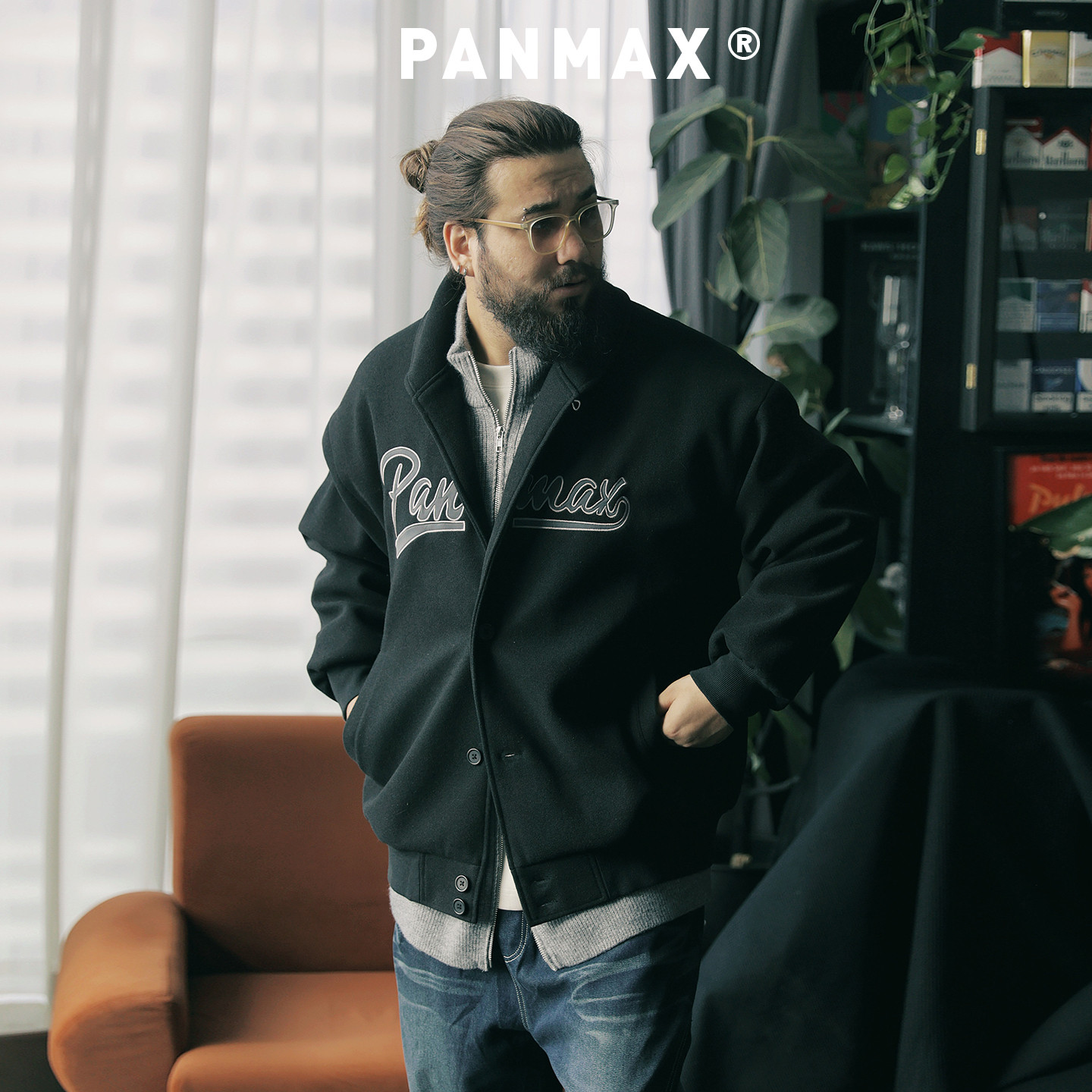 PANMAX潮牌大码男装棒球夹克春秋复古外套黑色字母刺绣立领夹克