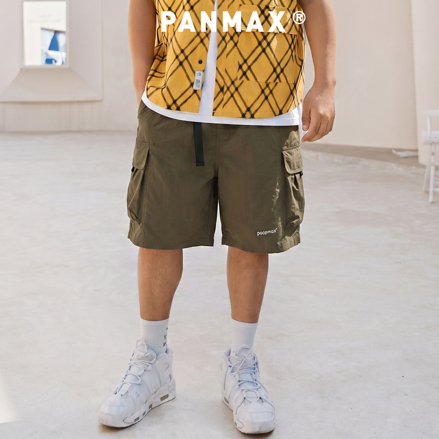PANMAX潮牌男装夏季工装短裤腰间撞色多口袋抽绳短裤机能风设计