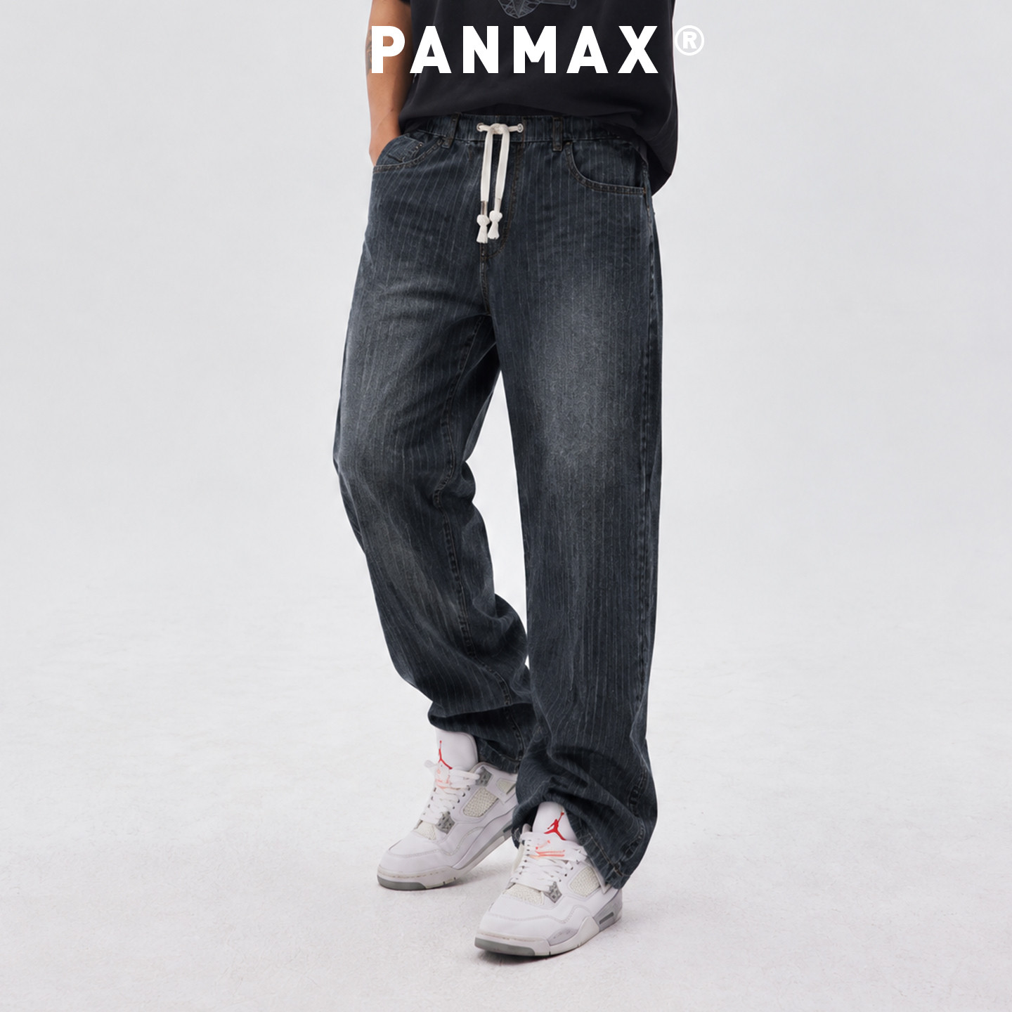PANMAX男士牛仔裤春秋新款竖条纹水洗长裤松紧腰抽绳直筒哈伦裤潮
