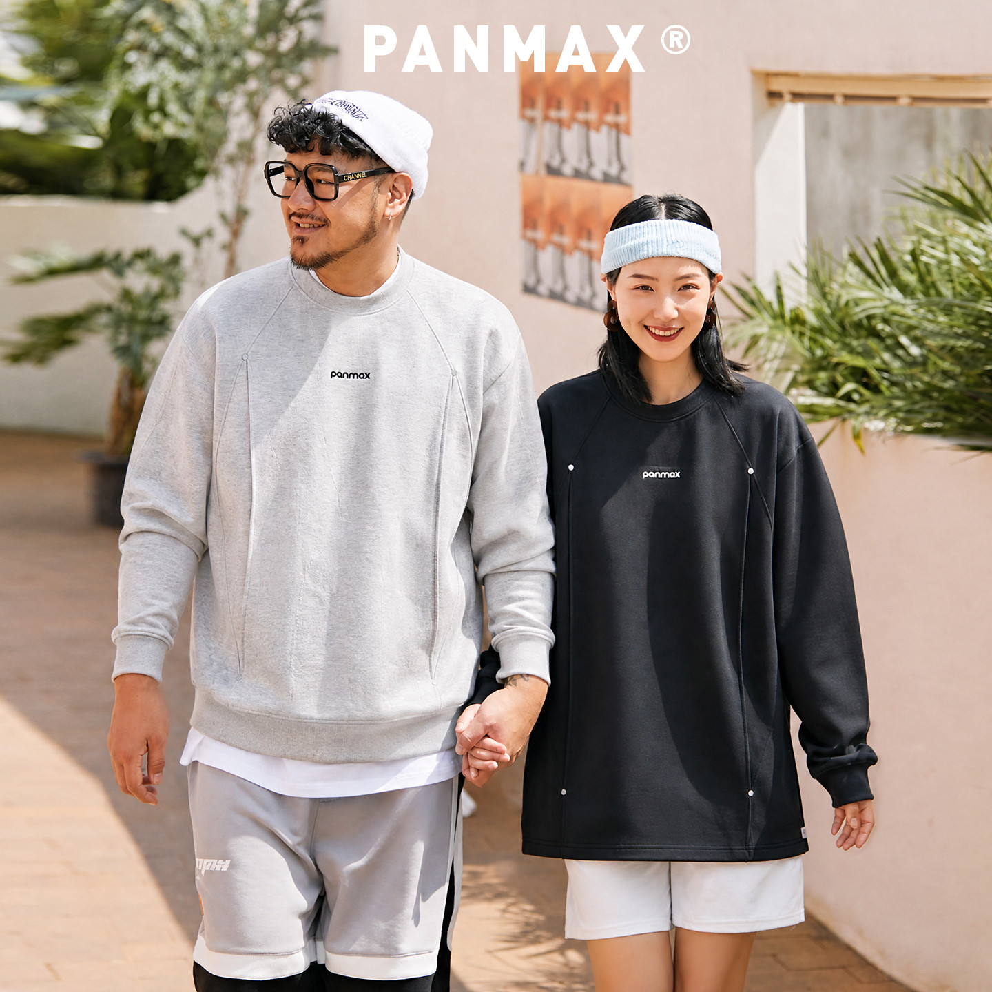 PANMAX潮牌大码极简风男士长袖卫衣肩部铆钉侧边拼接设计感上衣