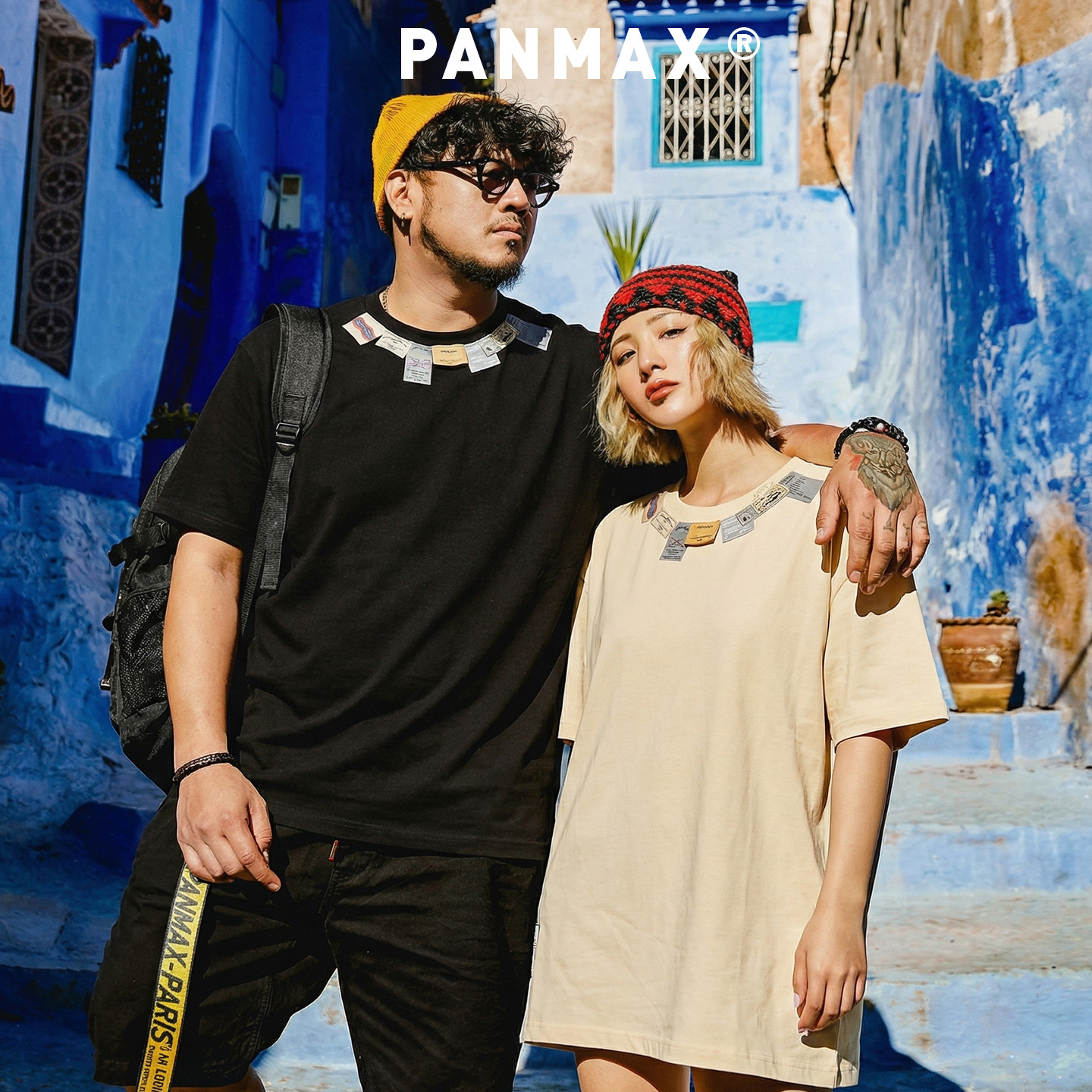 PANMAX潮牌男装春夏短袖纯棉T恤落肩拼接T恤领口围标签设计