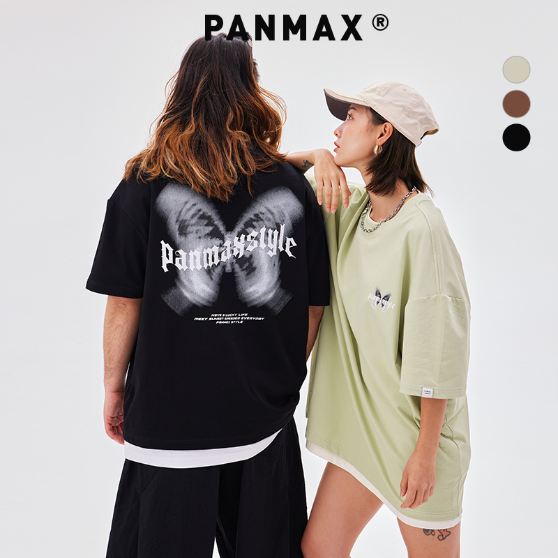 PANMAX潮牌大码男装重磅美式胶浆印蝴蝶印花夏短袖加大T恤上衣男