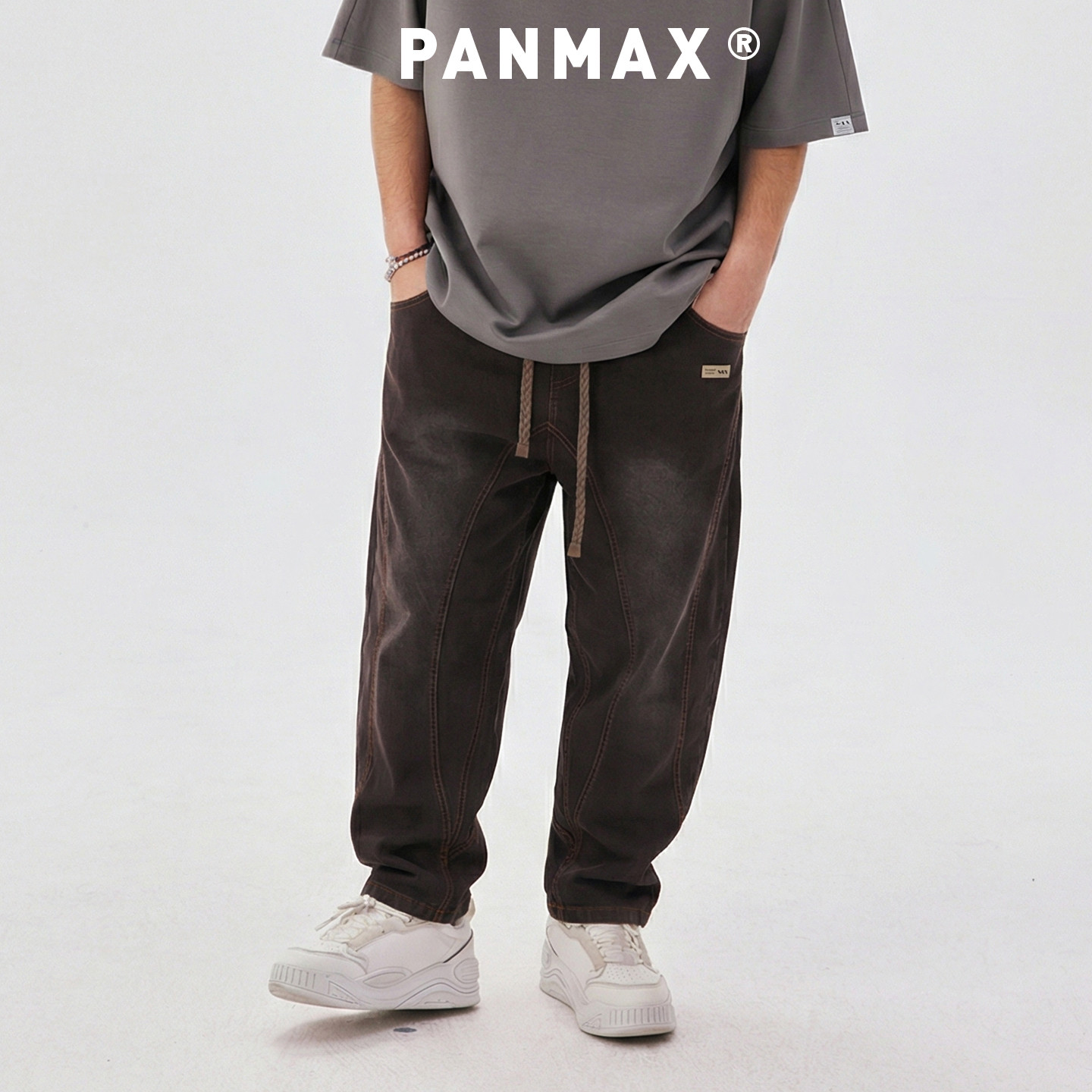 PANMAX潮牌男装春秋阔腿牛仔裤水洗松紧腰抽绳复古宽腿直筒设计