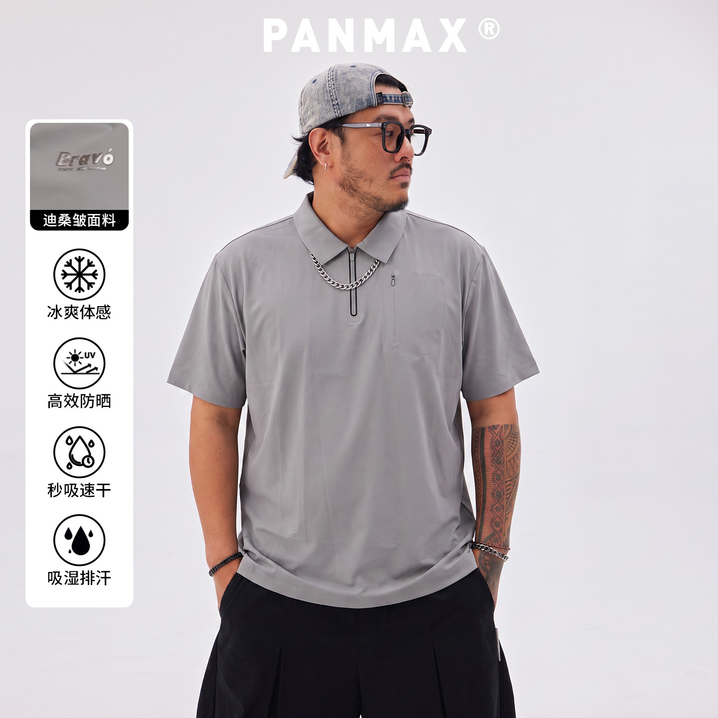 PANMAX潮牌男装夏季短袖POLO衫凉感速干半拉链上侧边拉链口袋设计