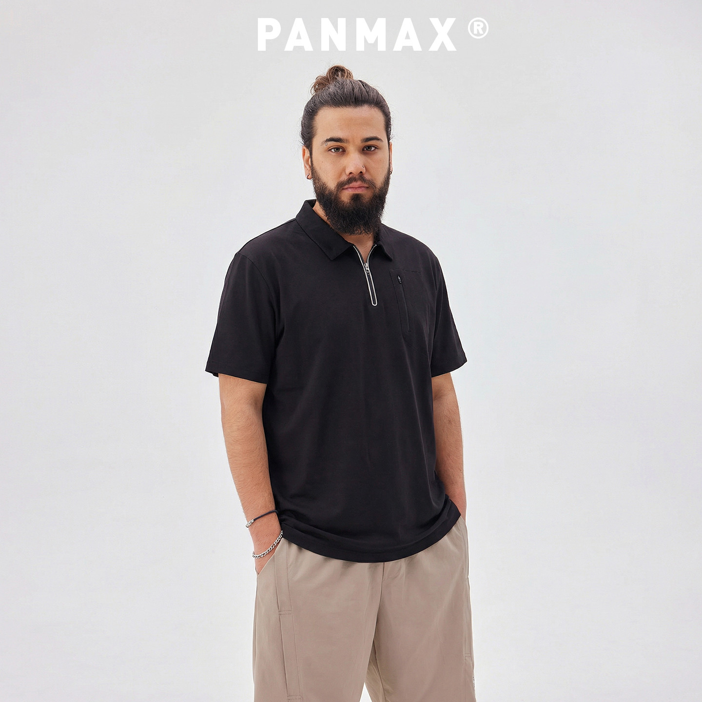 PANMAX潮牌男装夏季短袖POLO衫凉感速干半拉链上侧边拉链口袋设计