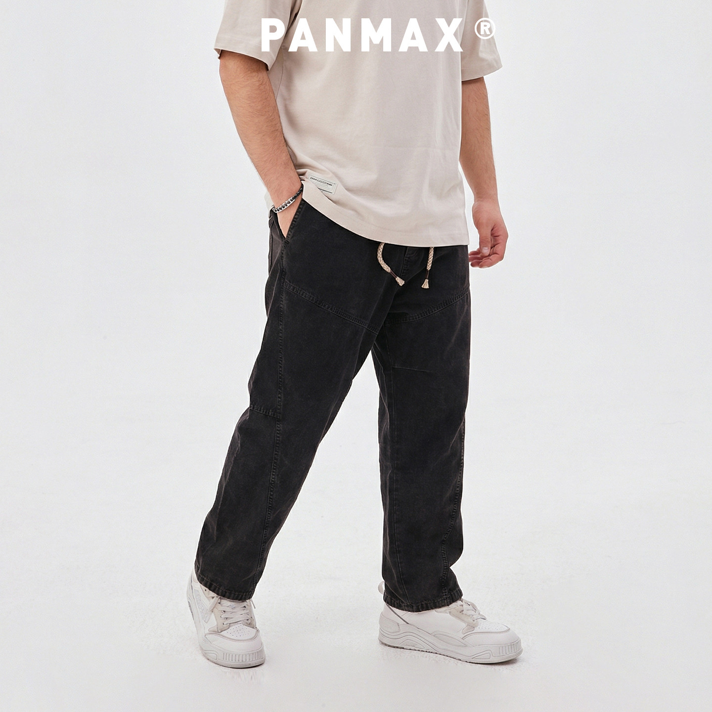 PANMAX潮牌大码男装春秋水洗棉牛仔裤极简工装拼接裤抽绳百搭