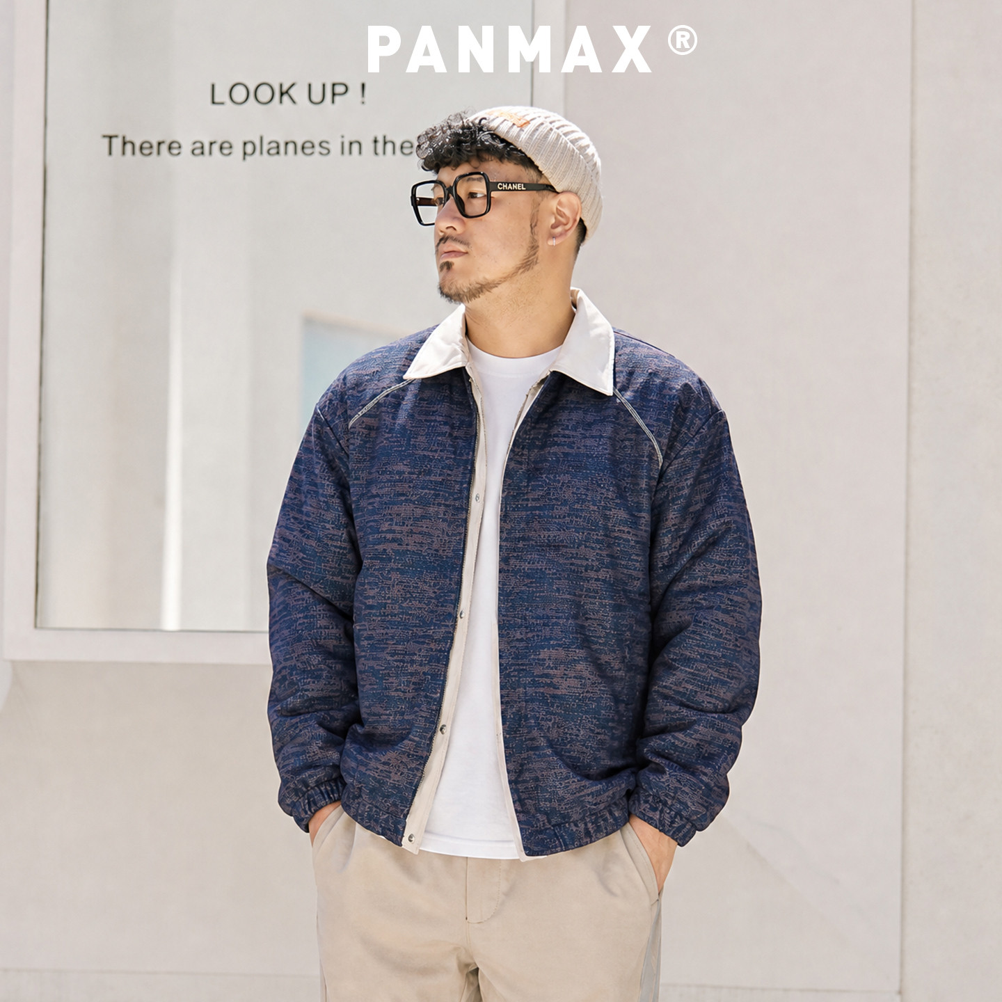 PANMAX潮牌大码男士假两件翻领撞色宽松休闲夹克外套棉服秋冬翻领