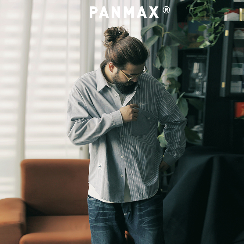 PANMAX大码潮牌男装25年秋季新款条纹简约长袖衬衫上衣休闲老钱风