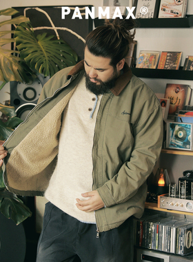 PANMAX潮牌大码男装工装加仿羊羔绒棉服冬复古翻领外套拼色老钱风